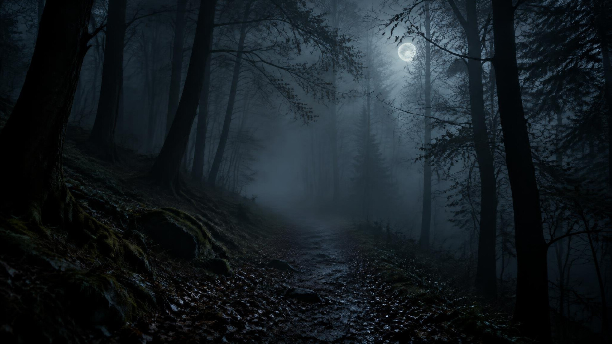 mysterious foggy forest path