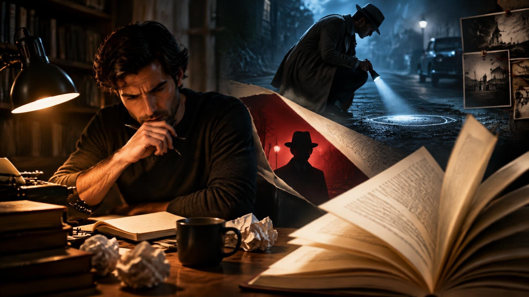 mystery writer at desk