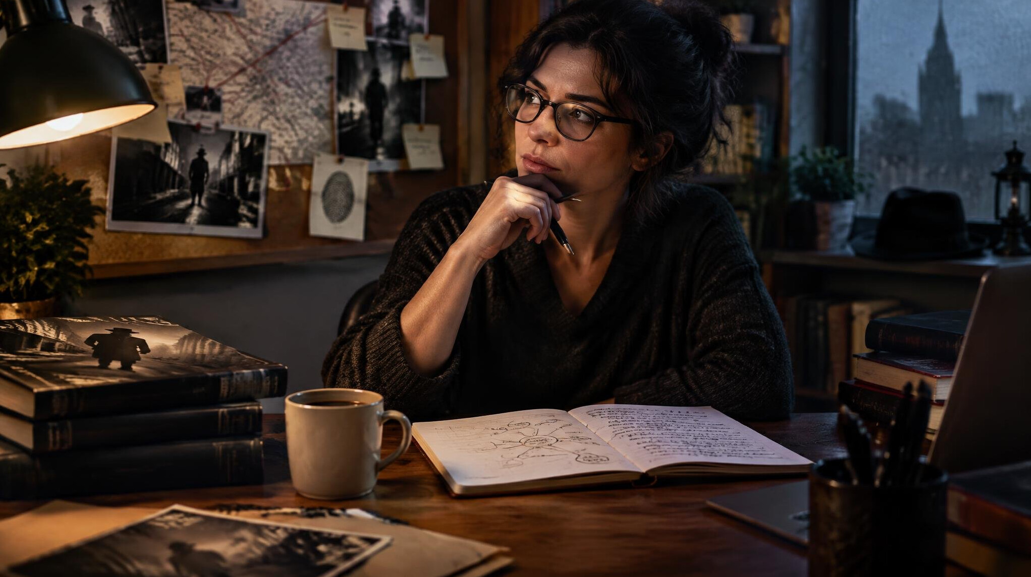 mystery writer at desk