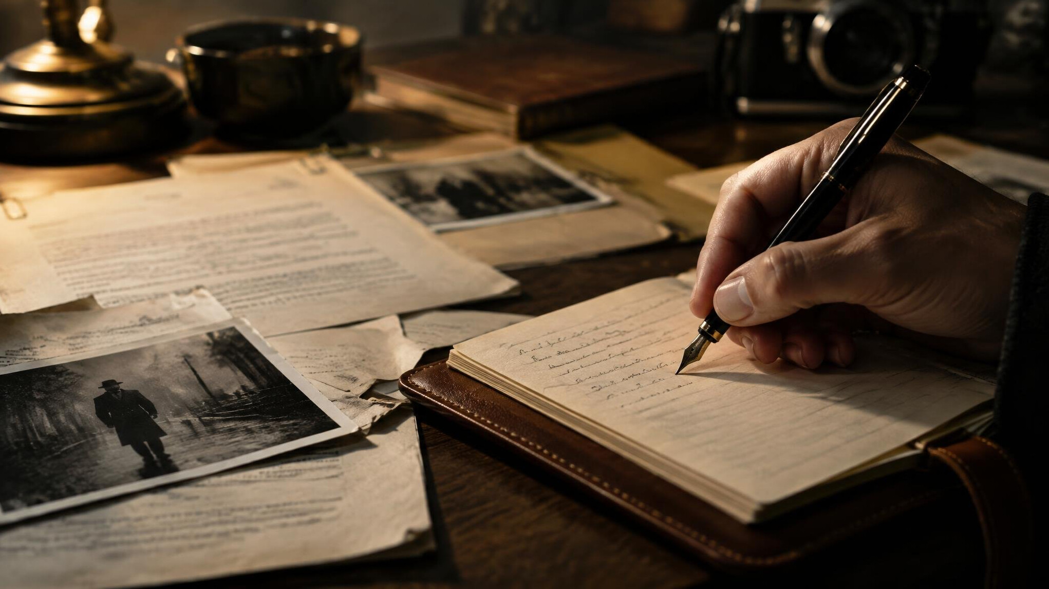 Close-up of a hand writing in a leather notebook with a fountain pen beside scattered case files