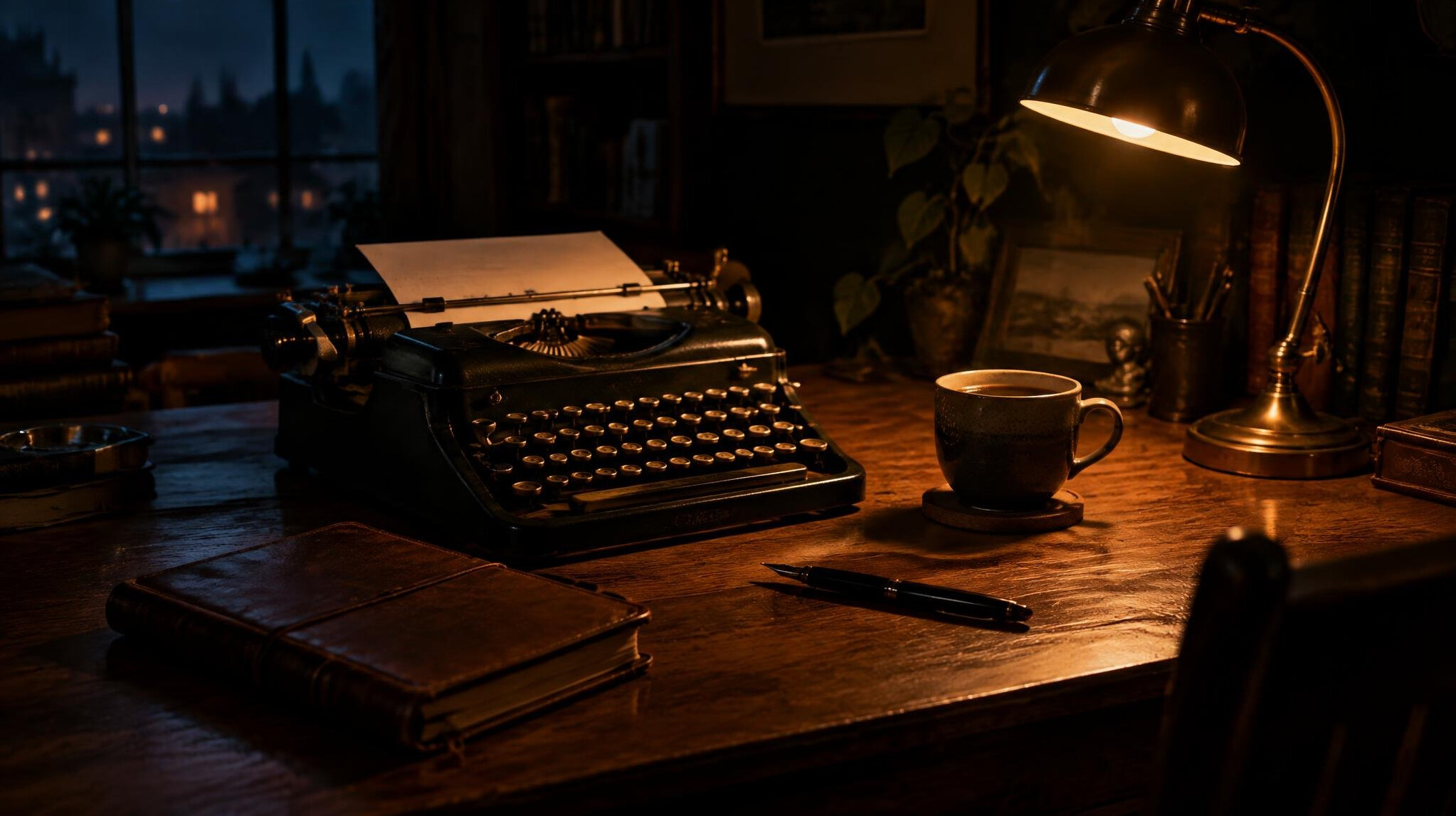 Moody writer's desk with typewriter, notebook and coffee cup under warm lamp light