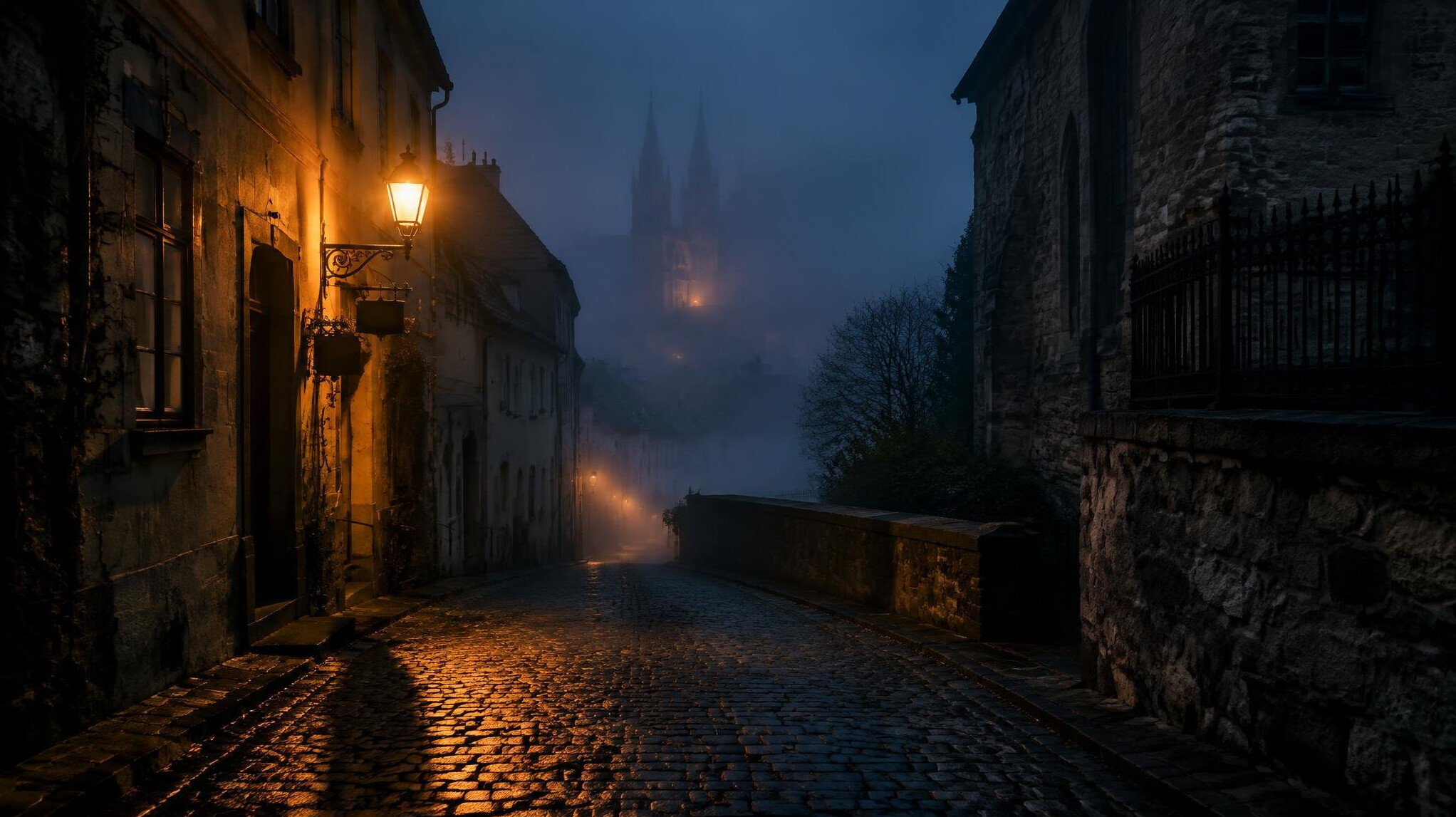 Foggy cobblestone street in Zagreb's Upper Town at night with a single lit streetlamp